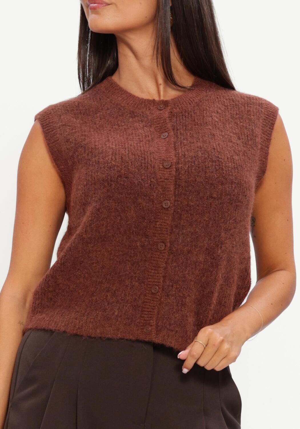 Bruine SELECTED WOMEN Trui SLWLULU SL BUTTON O-NECK VEST - large