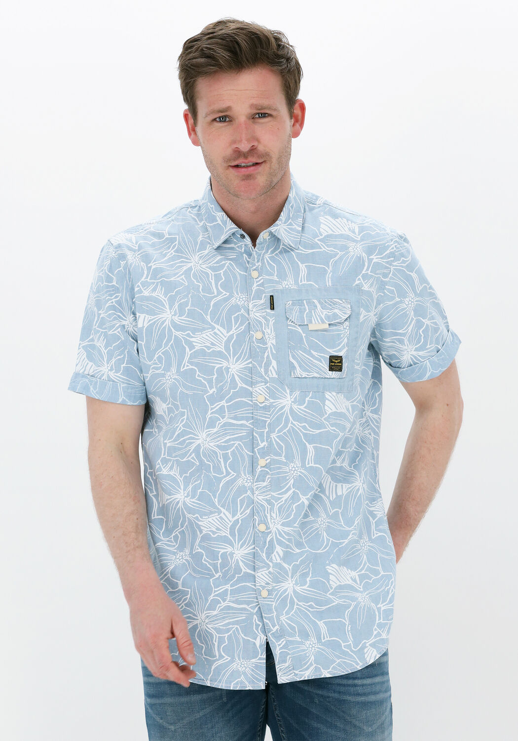 Blauwe PME LEGEND Casual overhemd SHORT SLEEVE SHIRT PRINT ON
