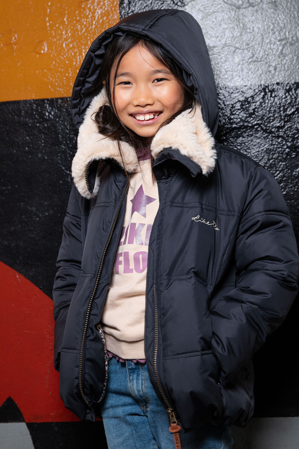 Donkerblauwe LIKE FLO Gewatteerde jas AMAYA FLO GIRLS SHORT FANCY HOODED JACKET - large