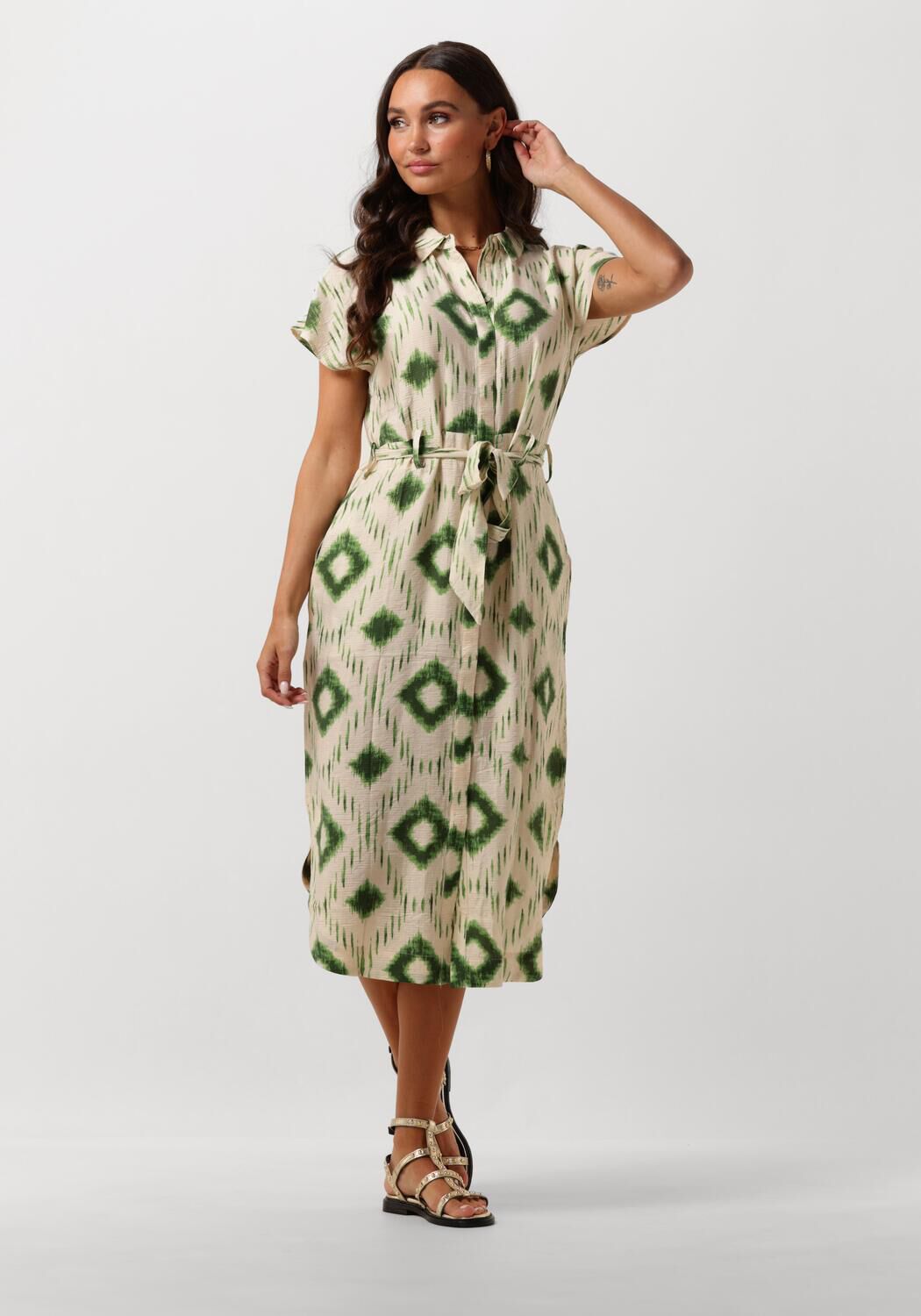 OBJECT jurk OBJBERRY met all over print en ceintuur ecru groen