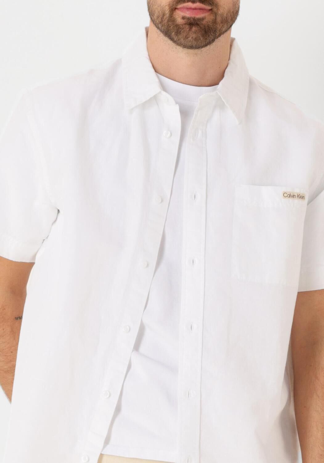 CALVIN KLEIN Heren Overhemden Linen Cotton S s Shirt Wit