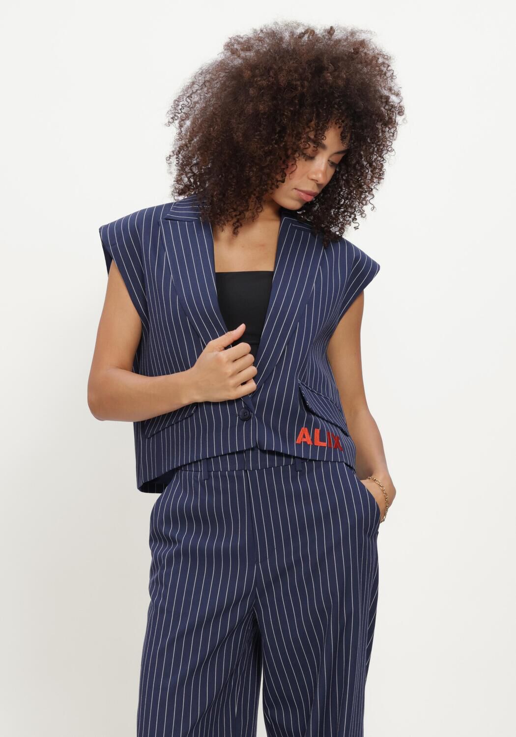 Donkerblauwe ALIX THE LABEL Gilet LADIES WOVEN STRIPED WAISTCOAT - large