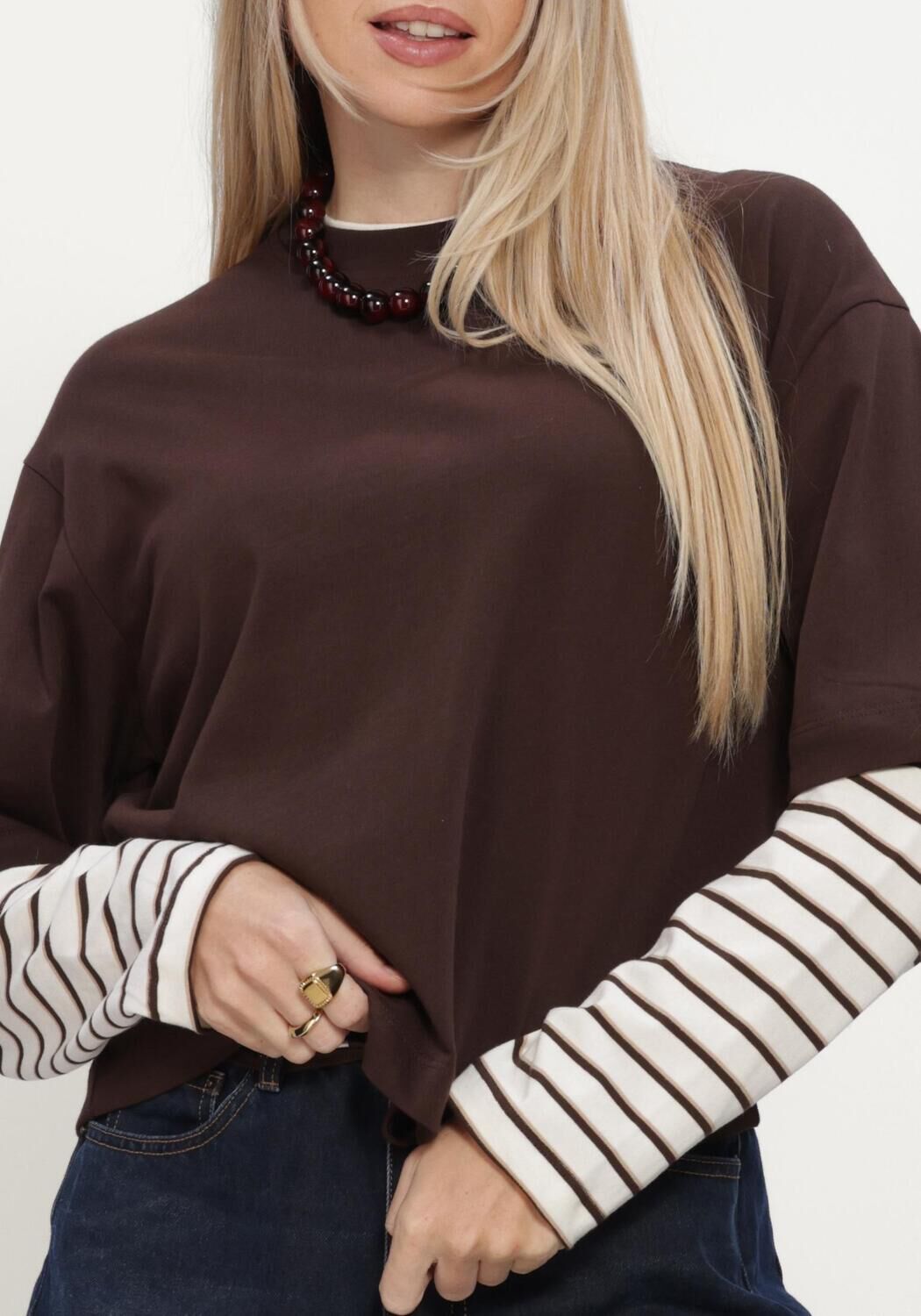 Bruine CATWALK JUNKIE Sweater LOOSE FIT TSHIRT WITH STRIPED SLEEVES - large
