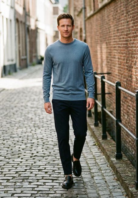 Blauwe PROFUOMO Trui PULLOVER CREWNECK MERINO - large