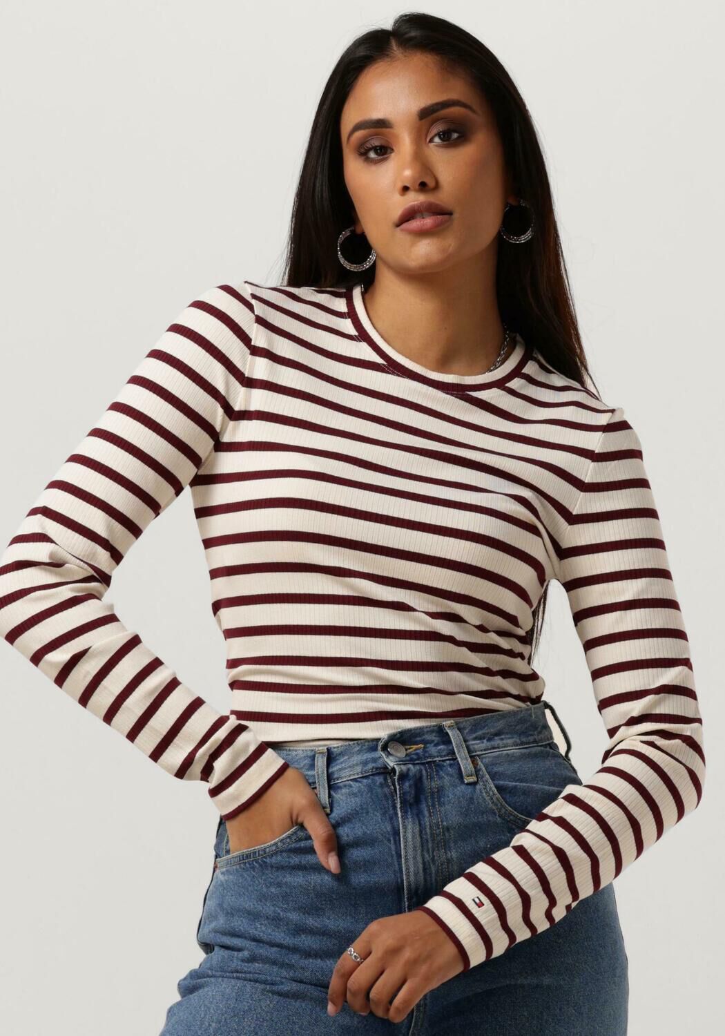 TOMMY HILFIGER Dames Tops & T-shirts Slim 5x2 Rib Stripe C-nk Ls Rood