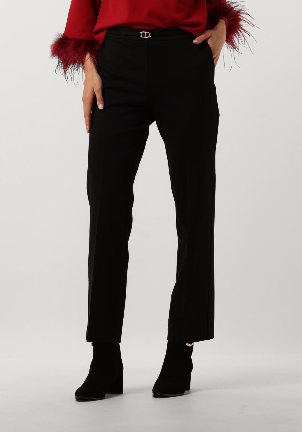 Twinset Zwarte elastische broek met gouden taillelogo Black Dames