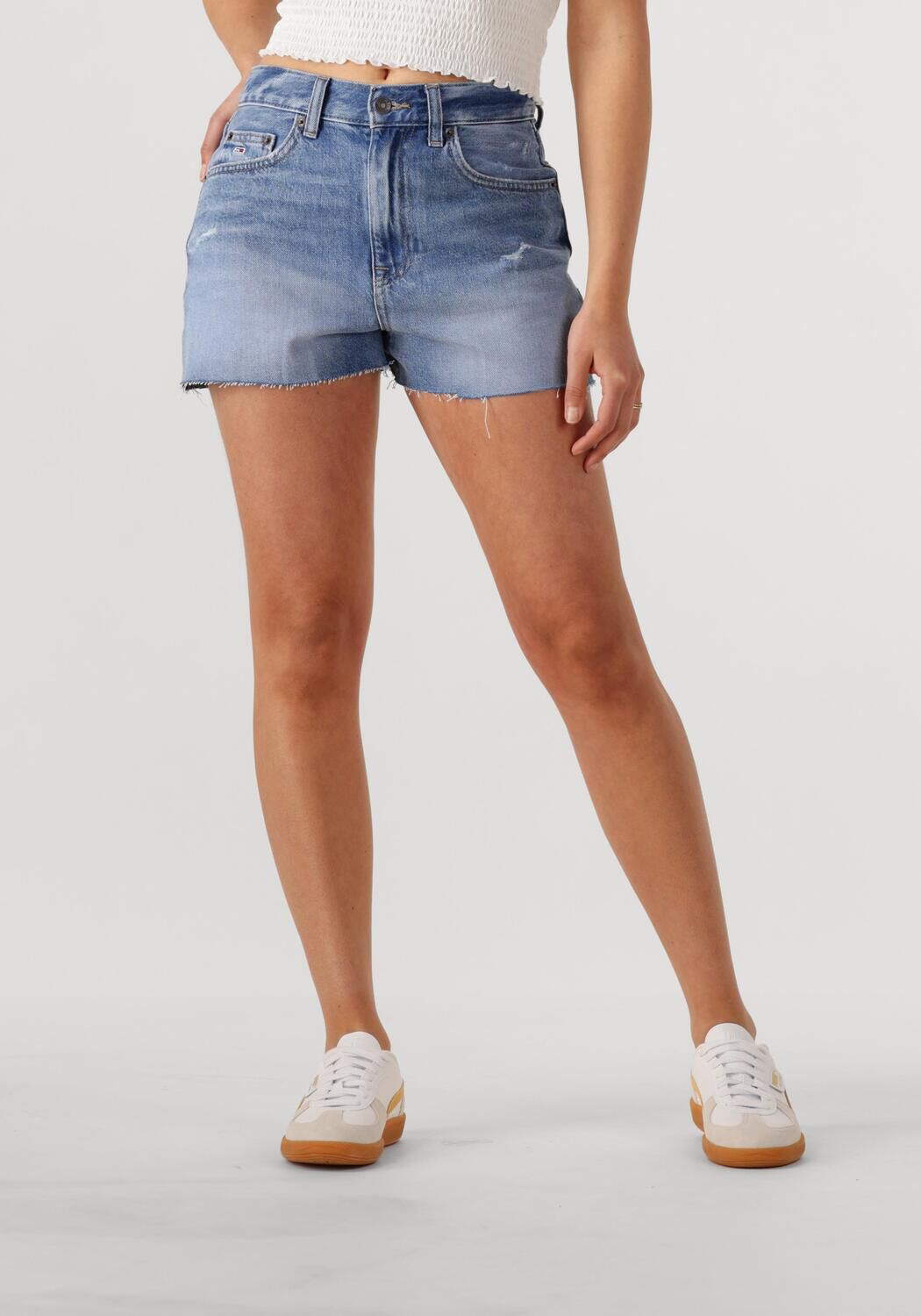Tommy Jeans straight high waist denim short medium blue denim
