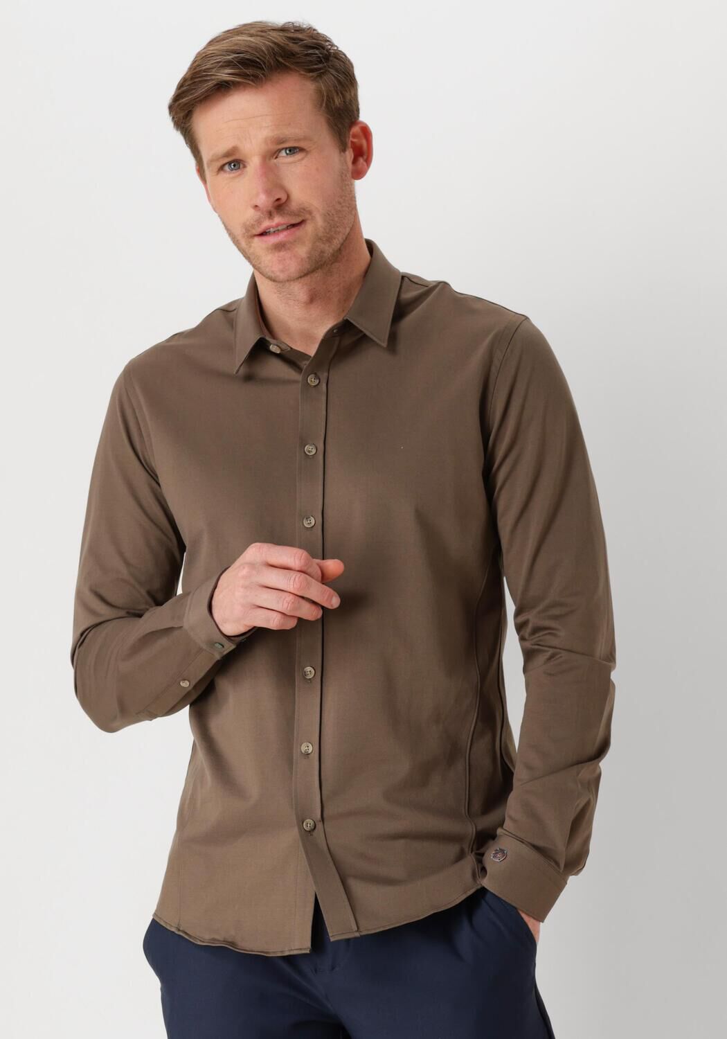 CAST IRON Heren Overhemden Long Sleeve Shirt Twill Jersey 2 Tone Bruin