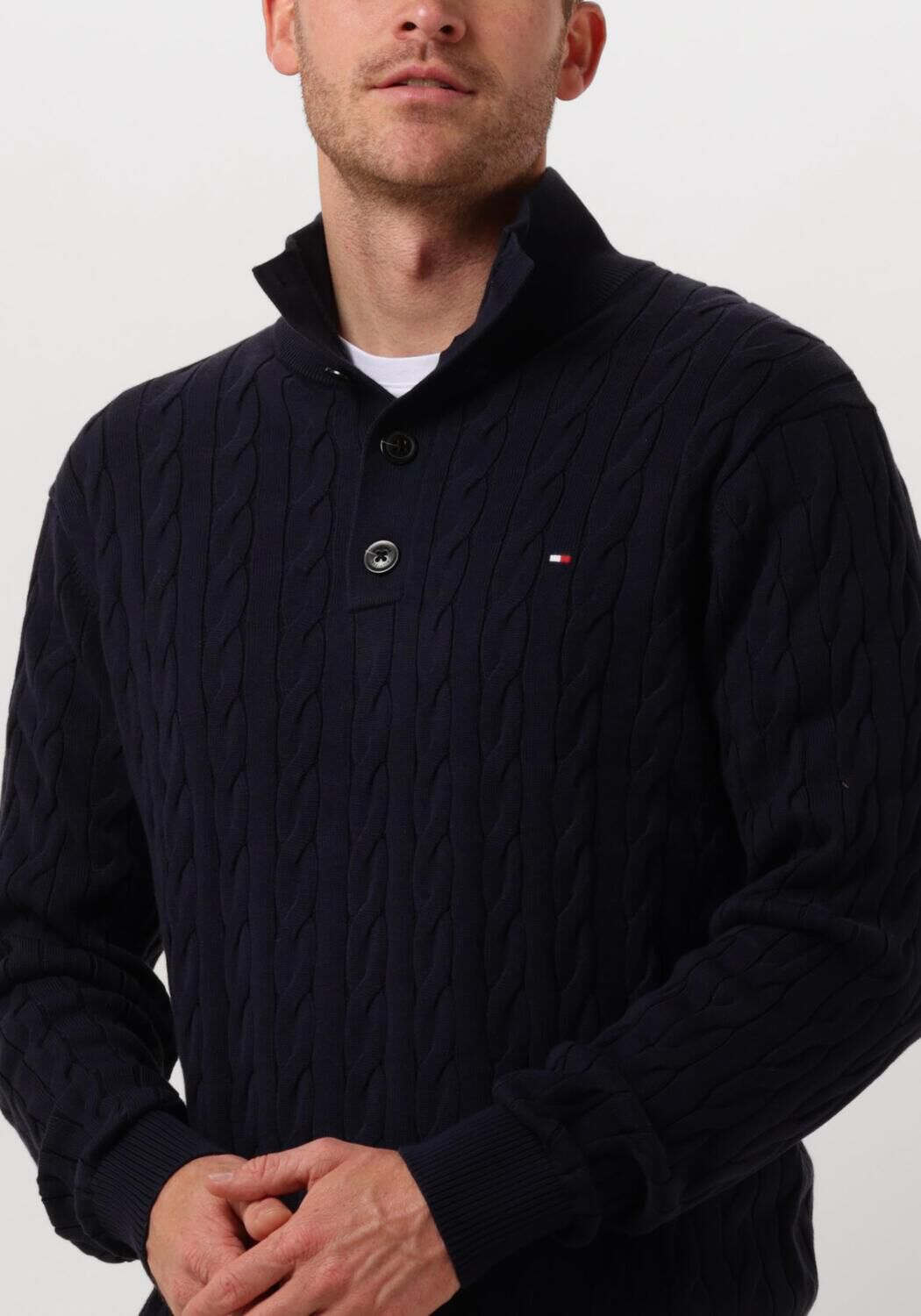 TOMMY HILFIGER Heren Truien & Vesten Classic Cotton Cable Bttn Mock Donkerblauw