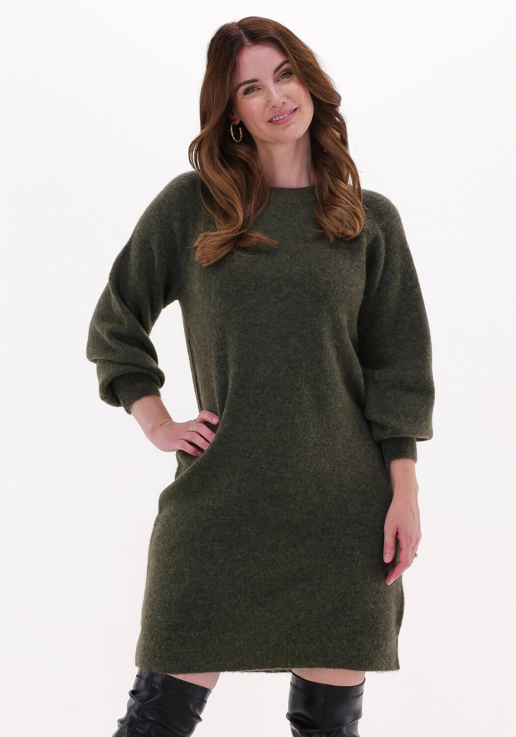groene selected femme mini jurk lulu ls knit dress o neck