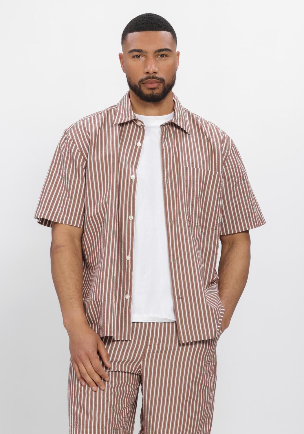 Beige SELECTED MEN Casual overhemd SLHRLXSTUART SEERSUCKER SS  SHIRT - large