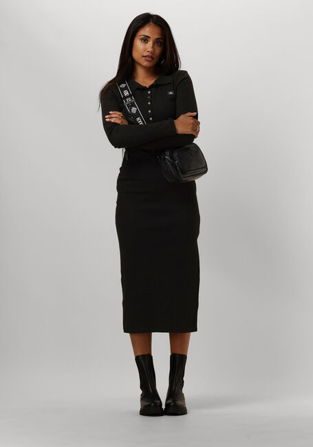 Zwarte CALVIN KLEIN Midi jurk WOVEN LABEL RIB POLO LS DRESS - large