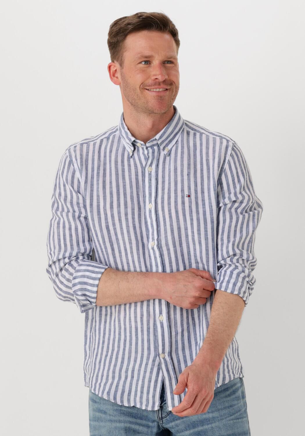 TOMMY HILFIGER Heren Overhemden Linen Essential Stripe Rf Shirt Blauw