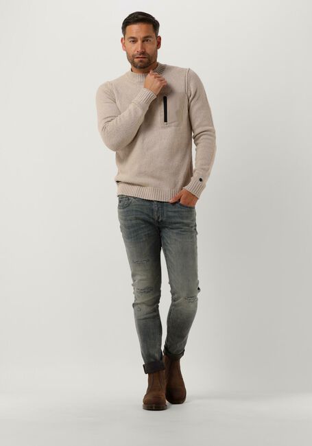 Beige CAST IRON Trui MOCK NECK ROUGH COTTON POCKET CREW - large