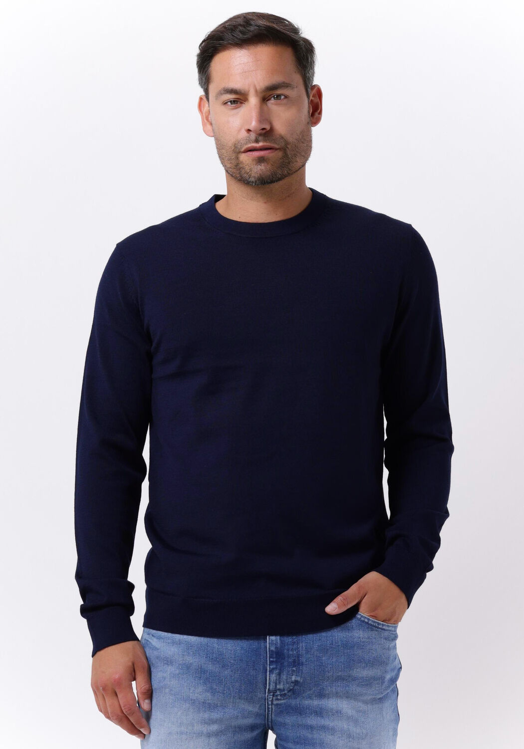 donkerblauwe selected homme trui slhtown merino coolmax knit crew