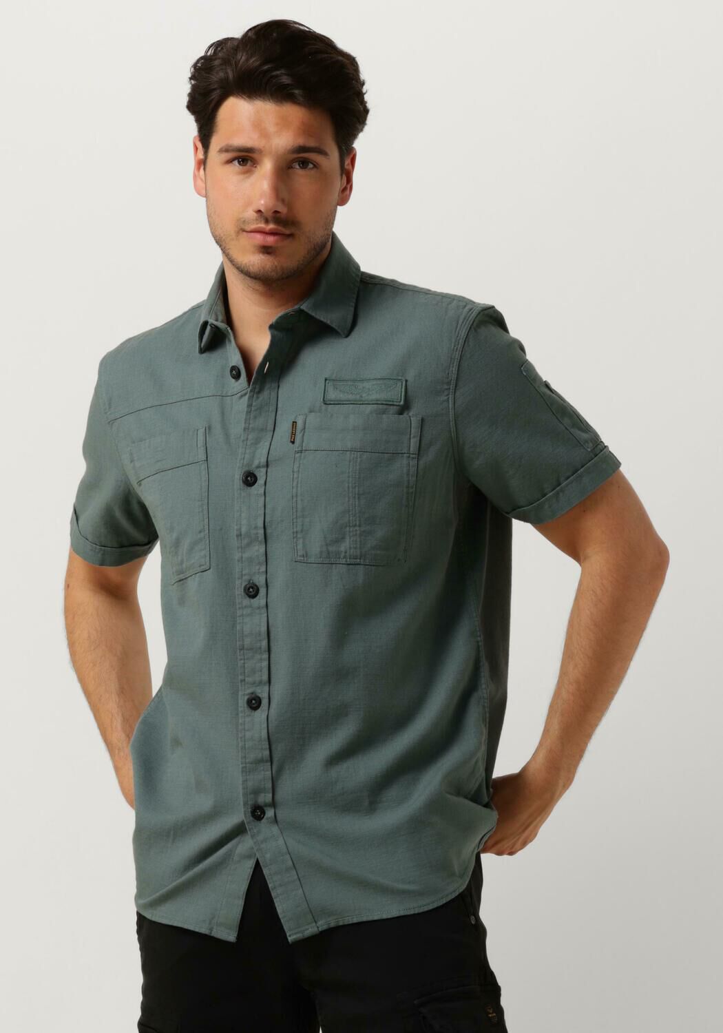 PME LEGEND Heren Overhemden Short Sleeve Shirt Ctn Slub Groen