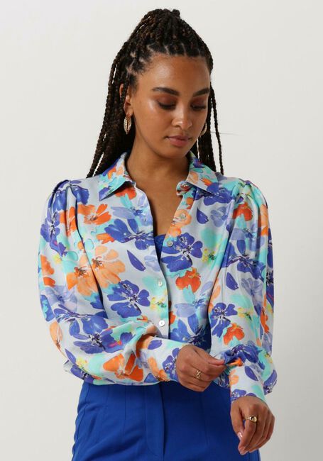 Lichtblauwe JANSEN AMSTERDAM Blouses WP764 PRINTED BLOUSE LONG PUFFED SLEEVE - large