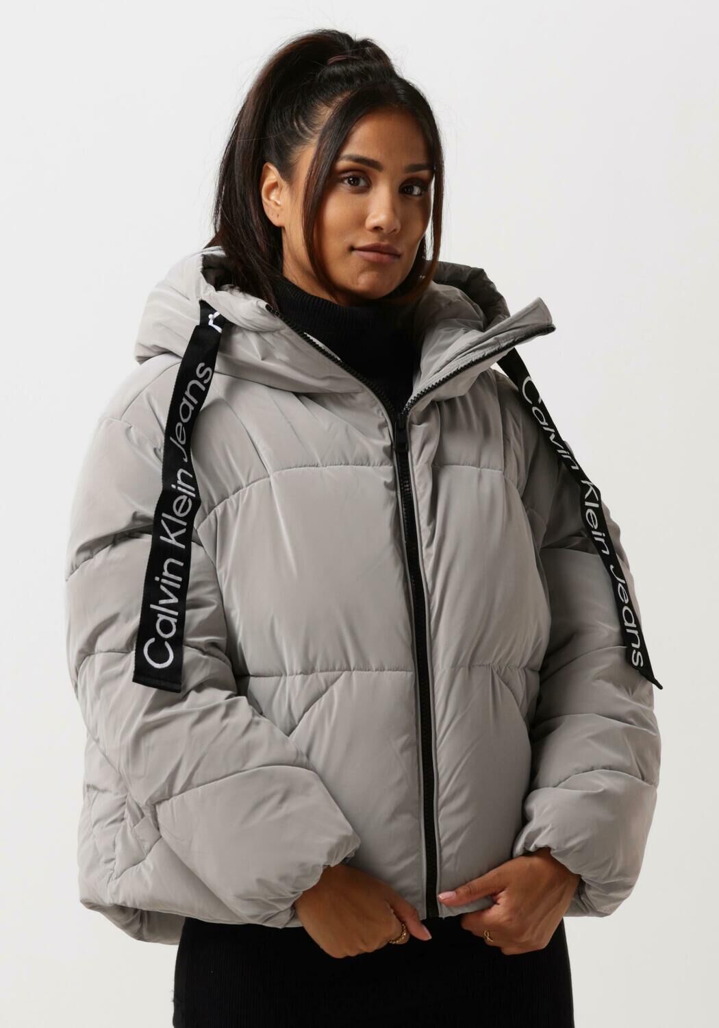 grijze calvin klein gewatteerde jas long drawcords soft touch puffer