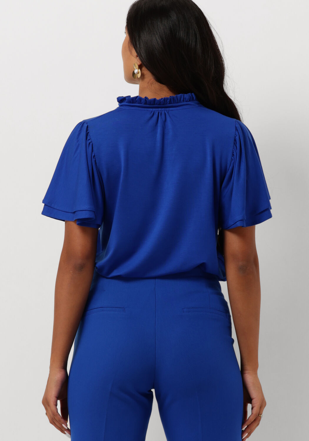JANSEN AMSTERDAM Dames Tops & T-shirts Tc136 Top Short Ruffled Sleeve V-neck Blauw