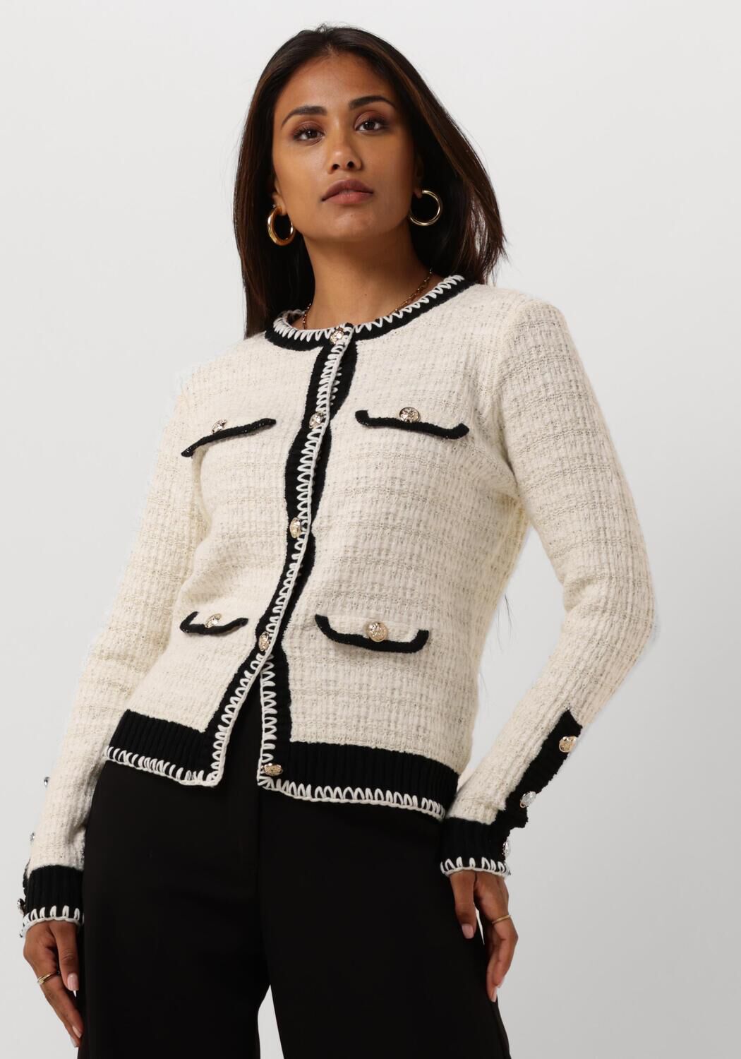 Silvian Heach Wit Gebreid Vest met Zwarte en Gouden Accenten Beige Dames