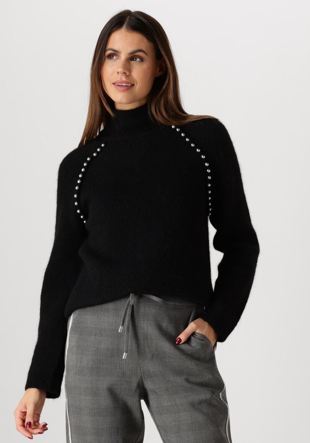 MOS MOSH Zwarte gebreide trui met kraaltjes en hoge hals Black Dames