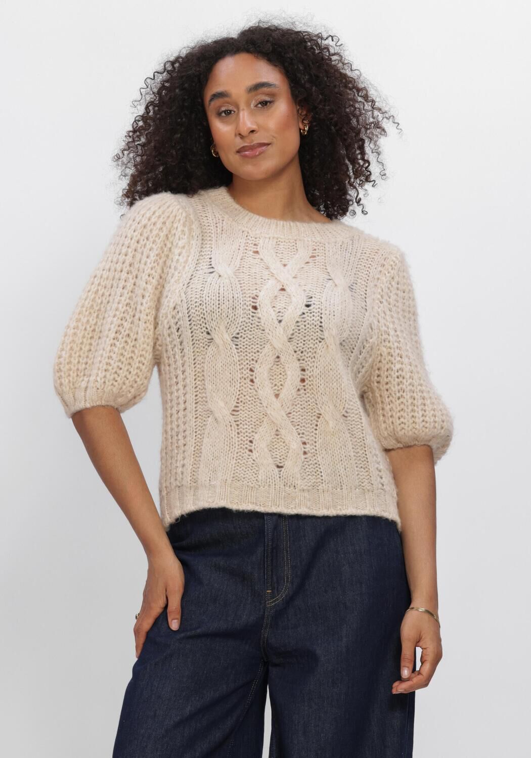 Beige SUMMUM Trui PUFF SLEEVE SWEATER COZY CABLE KNIT - large