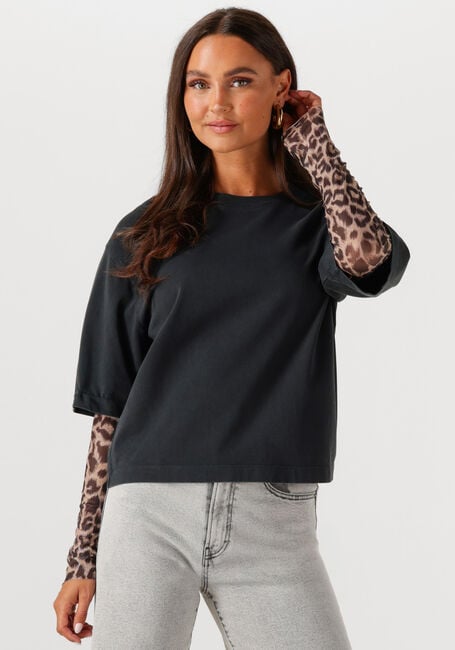 Zwarte CATWALK JUNKIE T-shirt LOOSE FIT TSHIRT WITH LEOPARD MESH SLEEVES - large