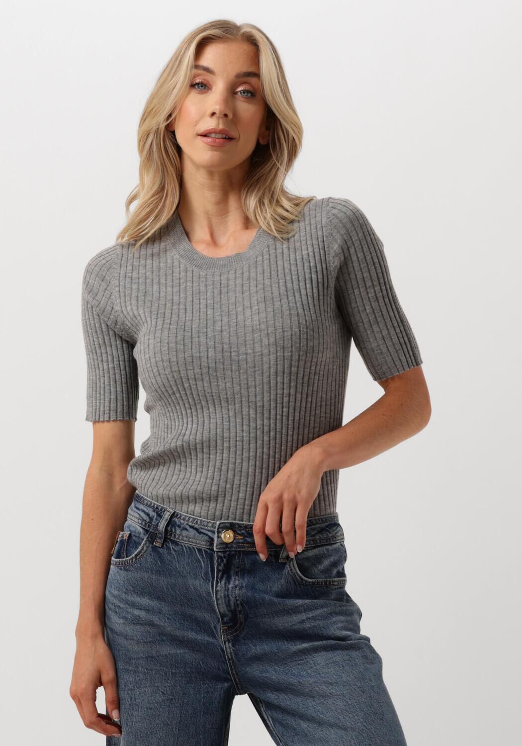 MOS MOSH Dames Tops & T-shirts Relena Rib Ss Crew Neck Knit Grijs