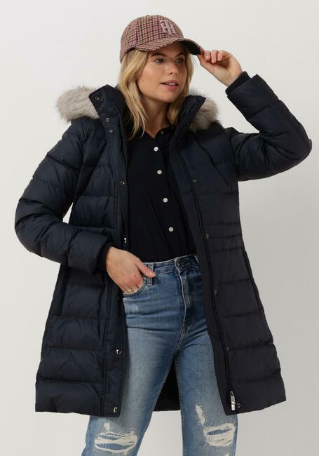Donkerblauwe TOMMY HILFIGER Gewatteerde jas TYRA DOWN COAT WITH FUR - large