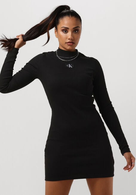 Zwarte CALVIN KLEIN Mini jurk WOVEN LABEL RIB LS DRESS - large