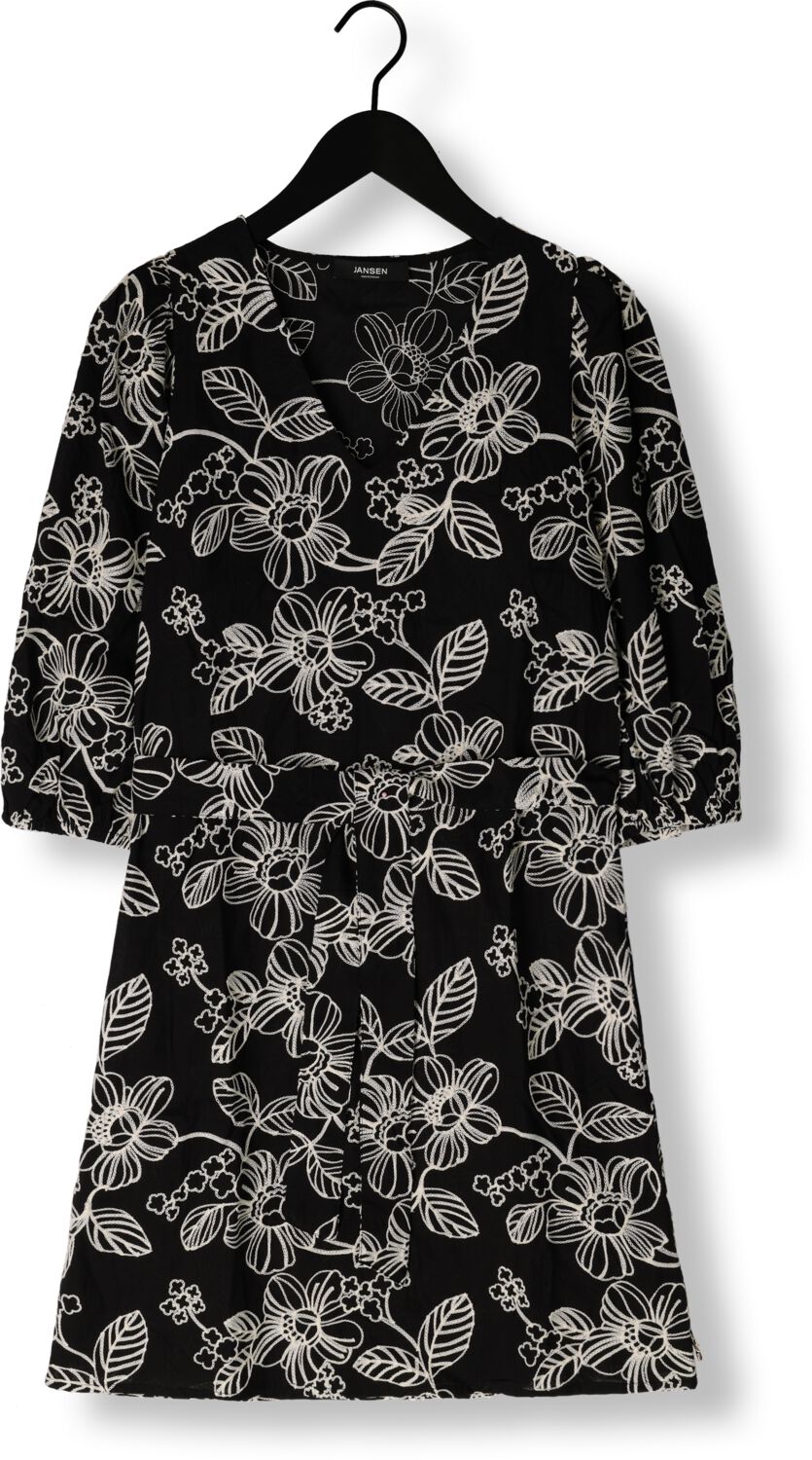 JANSEN AMSTERDAM Dames Jurken Wge517 Embroidered Dress 3 4 Sleeve V-neck Zwart