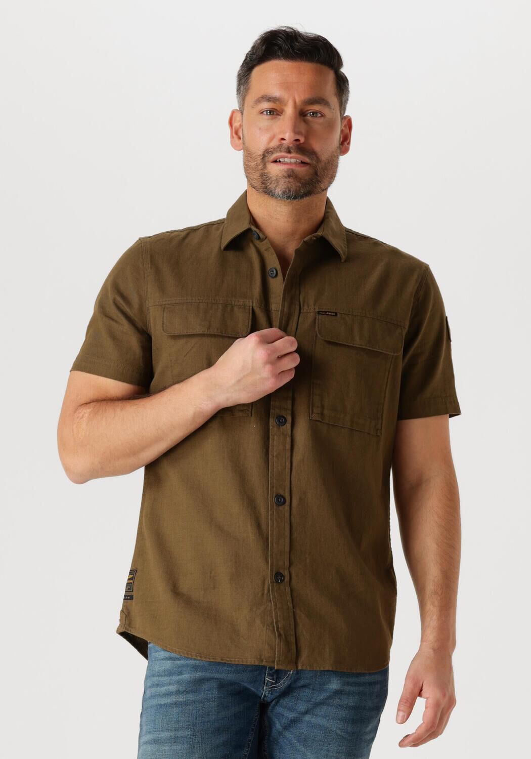 PME LEGEND Heren Overhemden Short Sleeve Shirt Slub Cotton Donkergroen