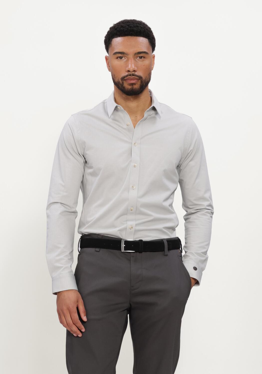 Lichtgrijze CAST IRON Klassiek overhemd LONG SLEEVE SHIRT TWILL JERSEY - large