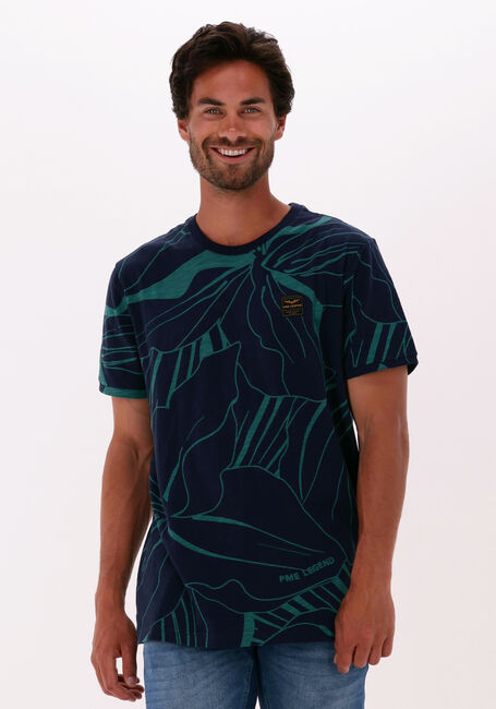 Donkerblauwe PME LEGEND T-shirt SHORT SLEEVE R-NECK SLUB JERSEY PANEL PRINTED - large