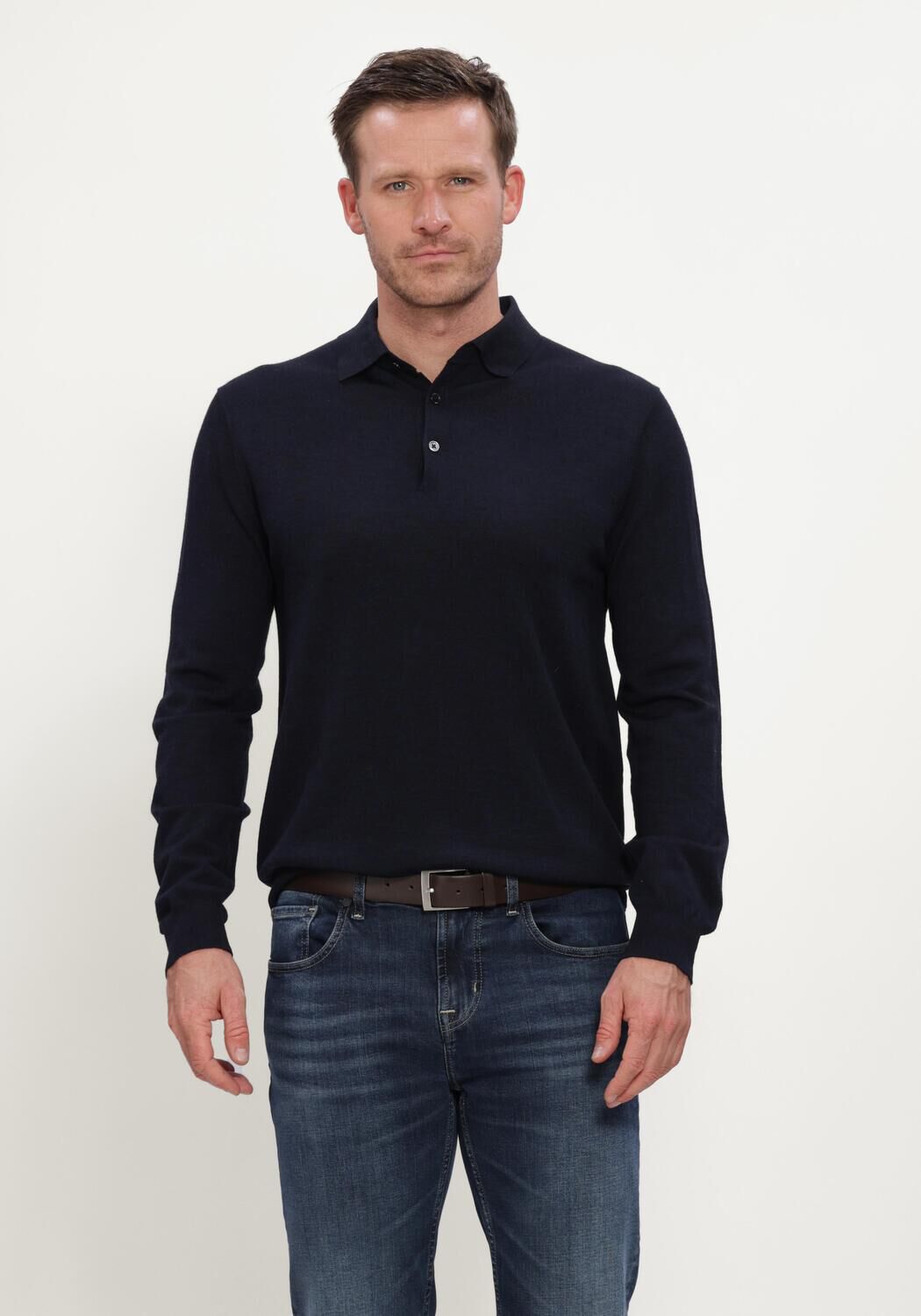Donkerblauwe STEFANO LAURAN Trui POLO BUTTON MERINO - large