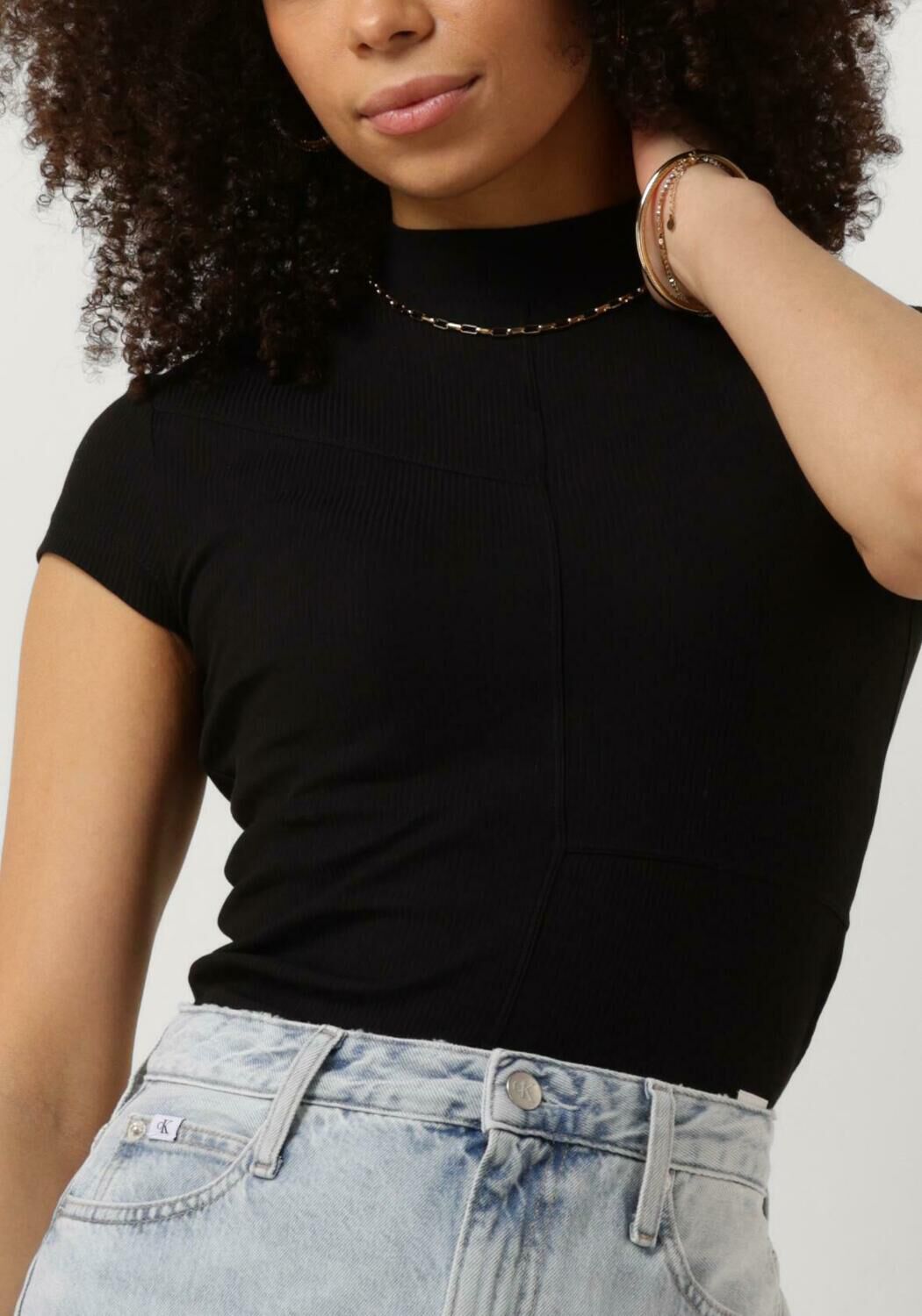 CALVIN KLEIN Dames Tops & T-shirts Seaming Rib Slim Tee Zwart