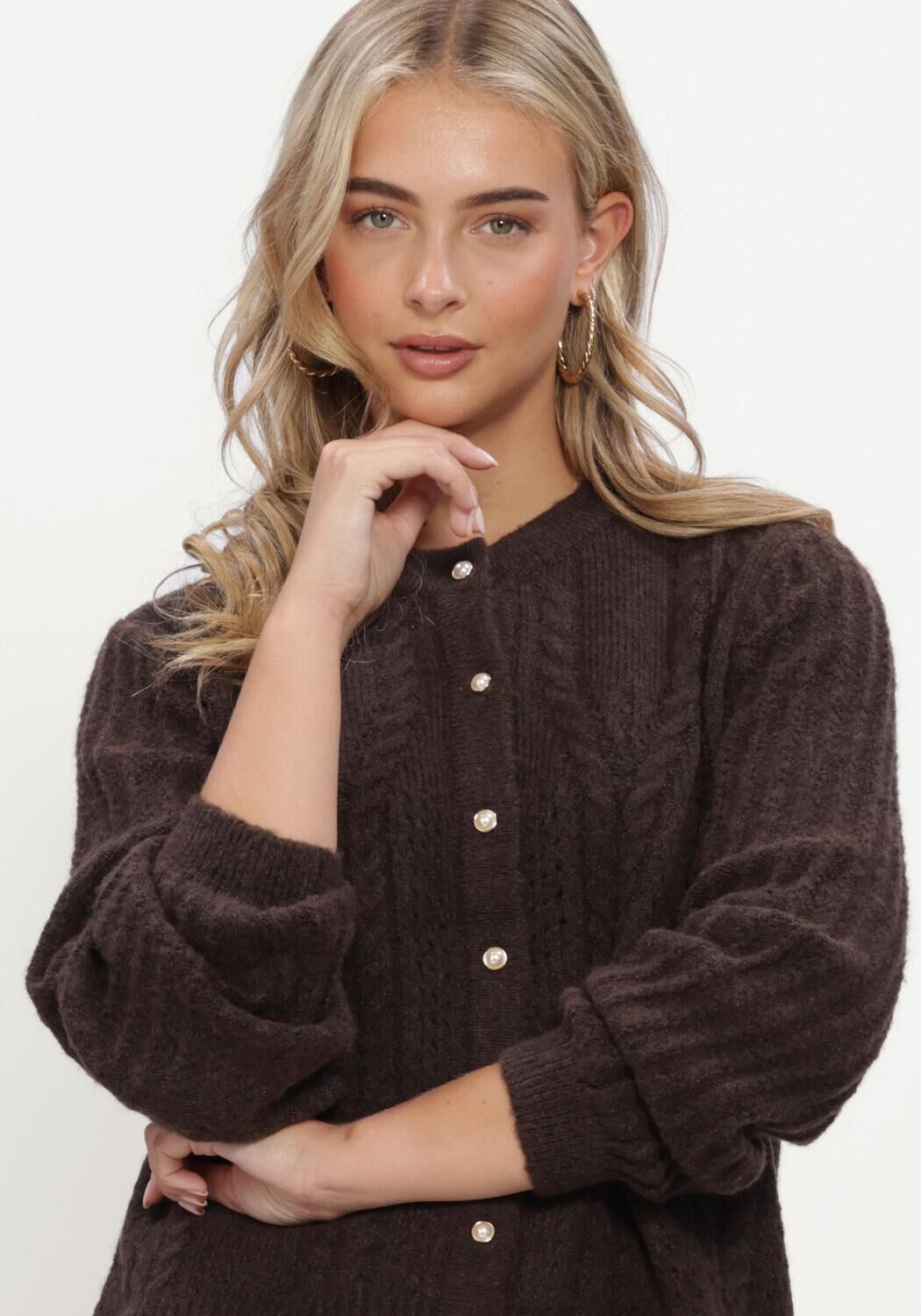 Bruine OBJECT Trui OBJFLORA RE LS KNIT BUTTON CARDIGAN NOOS - large
