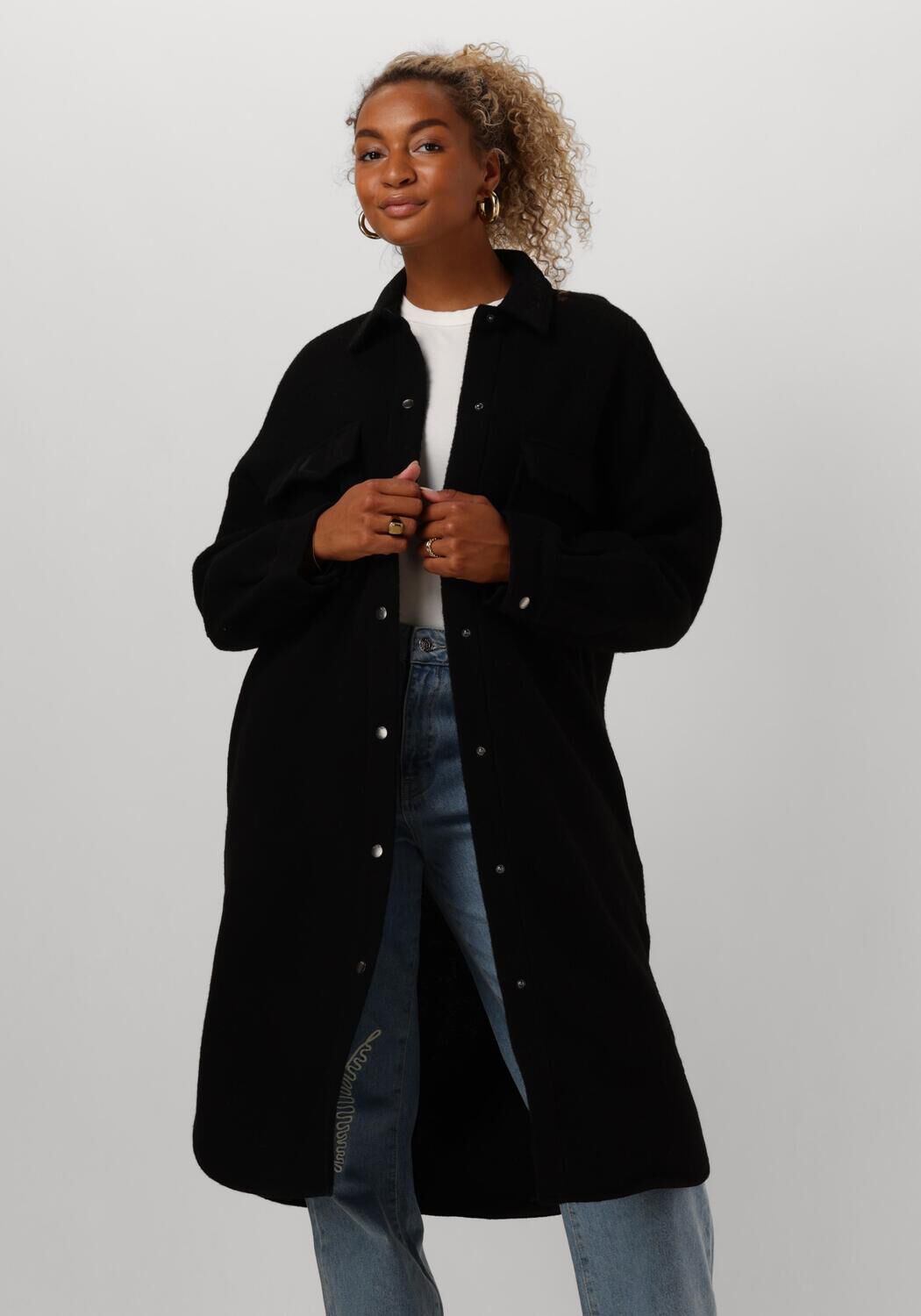 ALIX THE LABEL Dames Jassen Ladies Woven Long Felted Wool Jacket Zwart