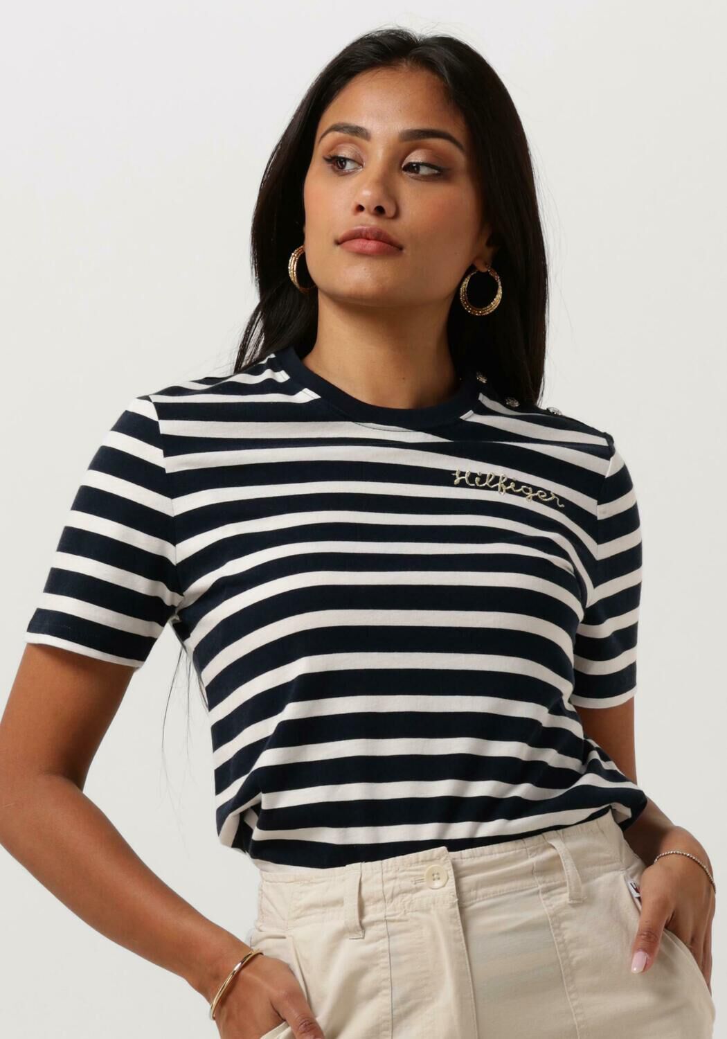 TOMMY HILFIGER Dames Tops & T-shirts Reg Gold Button C-nk Ss Blauw wit Gestreept