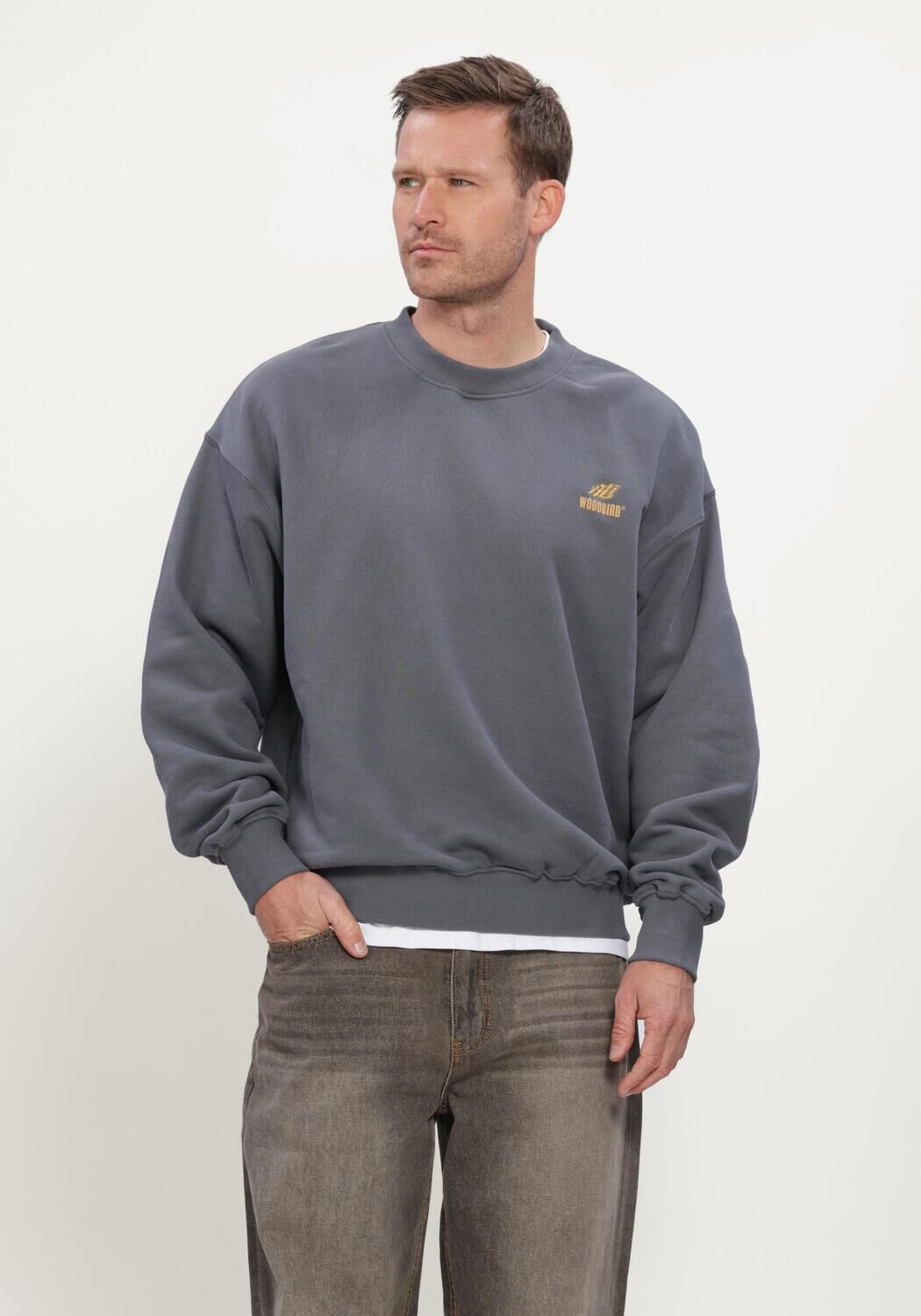 Donkergrijze WOODBIRD Sweater WBDUKE ACTION CREW - large