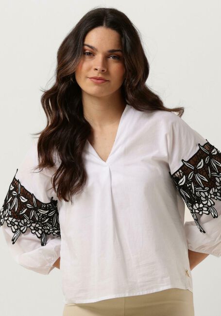 Witte JANSEN AMSTERDAM Blouses CV777 COTTON VOILE BLOUSE WITH BLACK/WHITE LACE DETAIL 3/4 SLEEVE - large
