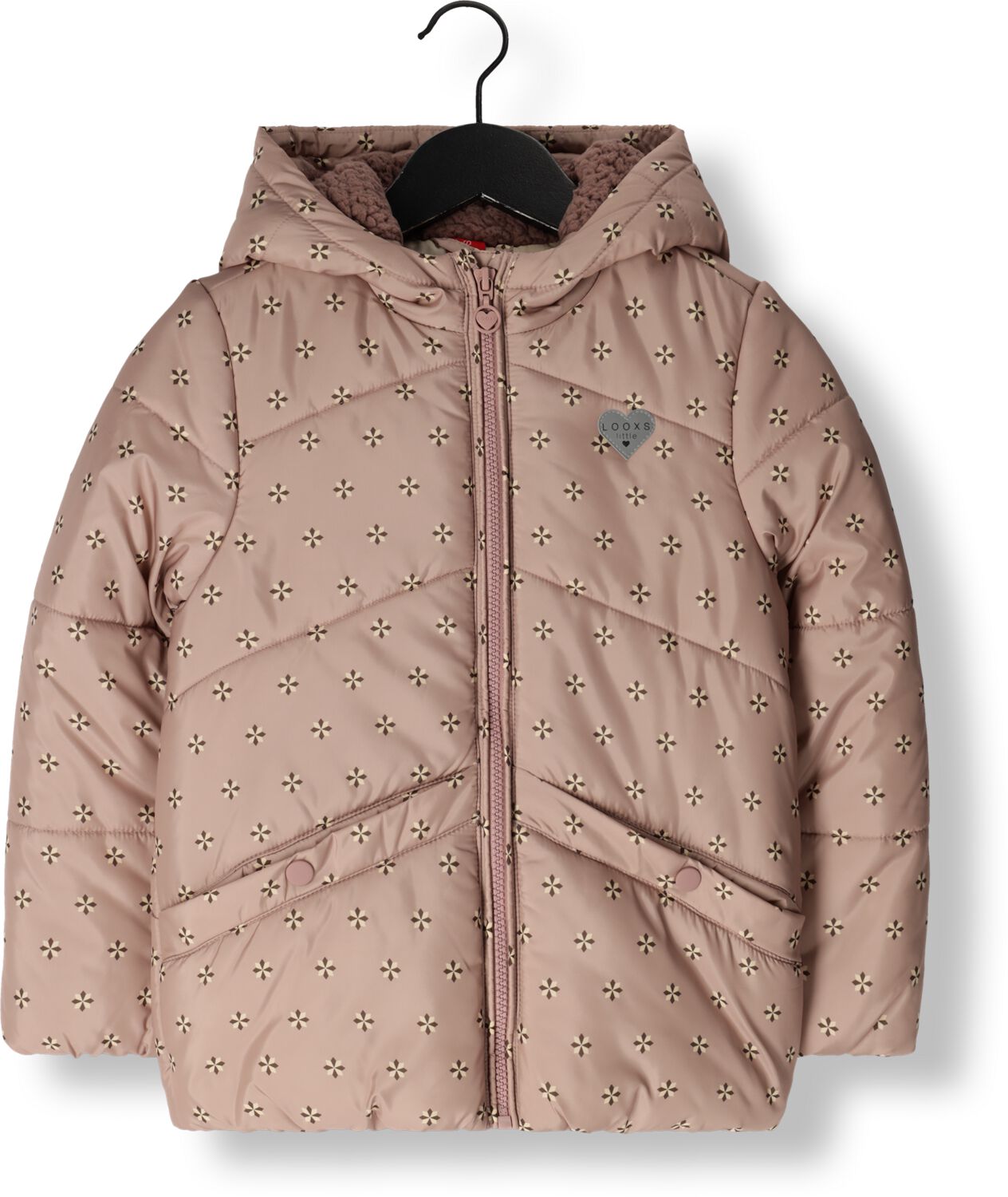 LOOXS little gewatteerde winterjas met all over print roze Meisjes Polyether Capuchon 134