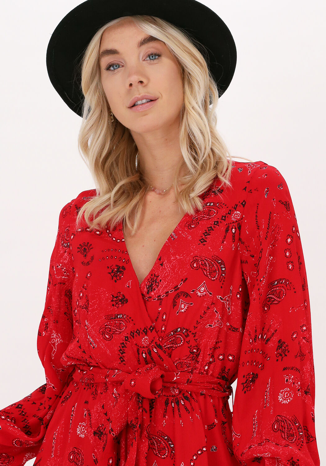 rode alix the label mini jurk ladies woven ornament fake wrap dress