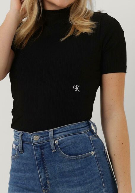 Zwarte CALVIN KLEIN Top SHINY RIB HIGH NECK SHORT SLEEVE - large