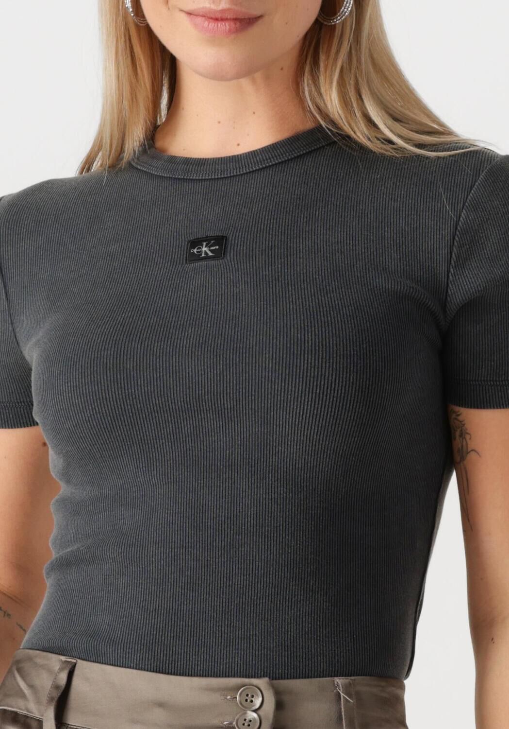 CALVIN KLEIN Dames Tops & T-shirts Washed Woven Label Rib Fit Tee Donkergrijs