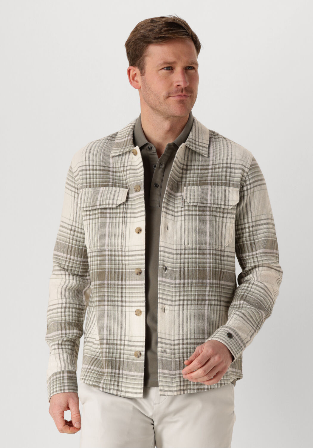 CAST IRON Heren Overshirts Long Sleeve Shirt Check Weave Yd Beige