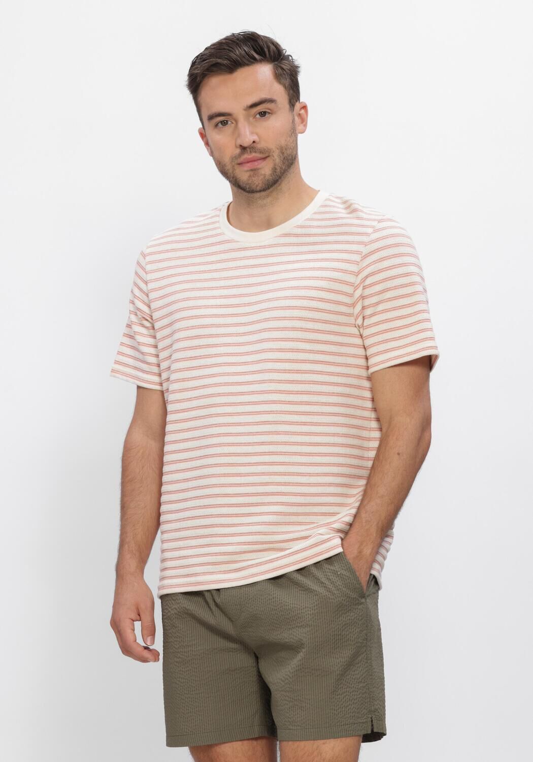 Beige SELECTED MEN Polo / T-shirt SLHKEVIN STRIPE SS O-NECK TEE - large