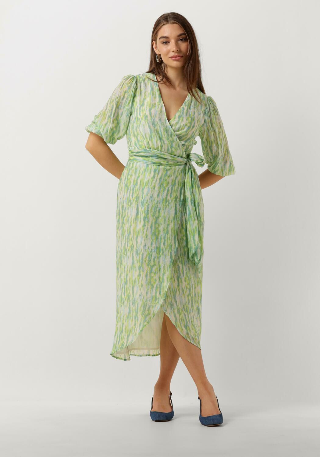 Freebird jurk met all over print en ceintuur mintgroen limegroen