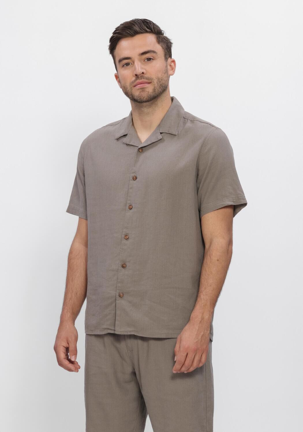 Taupe ANERKJENDT Casual overhemd AKLEO COT-LINNEN-VIS S/S SHIRT - large