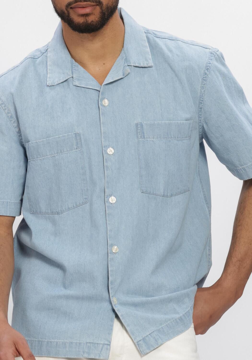 Lichtblauwe SELECTED MEN Casual overhemd SLHRLXCARLO DENIM SS SHIRT  RESORT - large